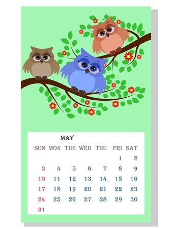 Calendar 2021. Cute owls and birds for Mayのイラスト素材