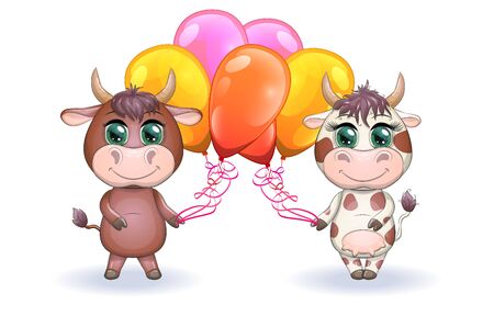 Cute cartoon couple cow and bull with balloons, holiday, with beautiful big eyes. Symbol of the year 2021 according to the Chinese calendar. Children's illustrationのイラスト素材