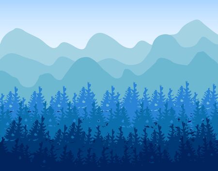 Horizontal abstract banners of hills of coniferous wood in dark blue tone.のイラスト素材