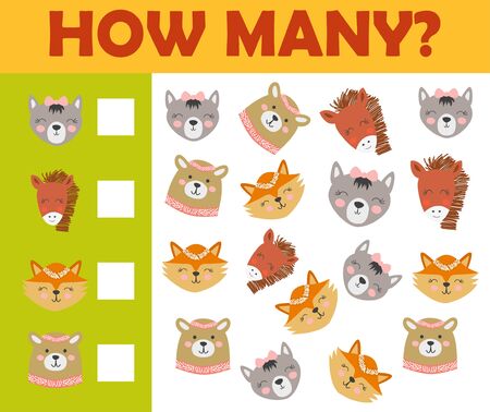 Counting animal games for preschool kids sheet layout in colorful printable version.のイラスト素材