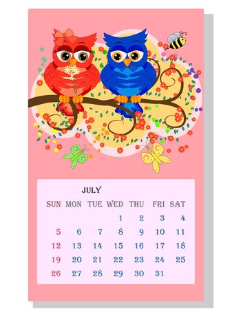 Calendar 2021. Cute calendar with funny cartoon owls, Julyのイラスト素材