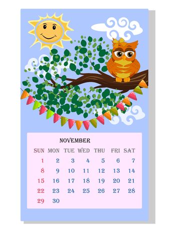 Calendar 2021. Cute calendar with funny cartoon owls, Novemberのイラスト素材