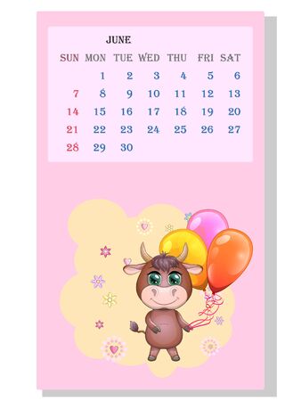 Calendar 2021. Cute bull and cow for Juneのイラスト素材