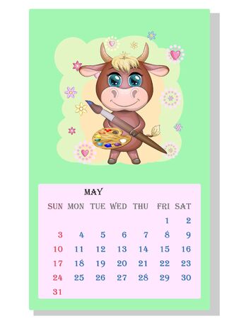 Calendar 2021. Cute bull and cow for Mayのイラスト素材