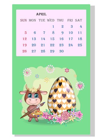 Calendar 2021. Cute bull and cow for Aprilのイラスト素材