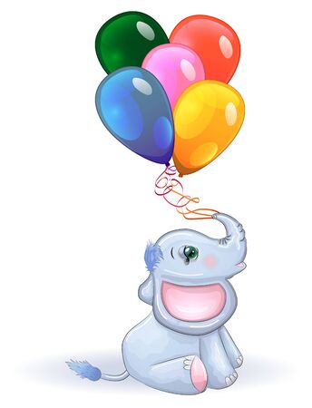 Cute cartoon elephant with beautiful eyes with balloons in the trunk, children's illustration.のイラスト素材