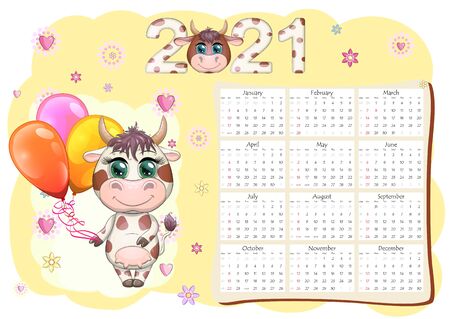 Calendar 2021. The bull is a symbol of the new year, Cartoon cow. Chinese horoscope calendar. Week starts on Sunday.のイラスト素材