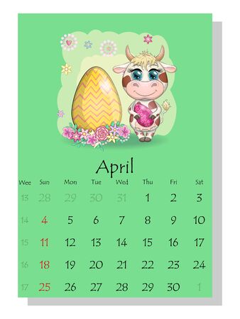 Calendar 2021. Cute bull and cow for Aprilのイラスト素材