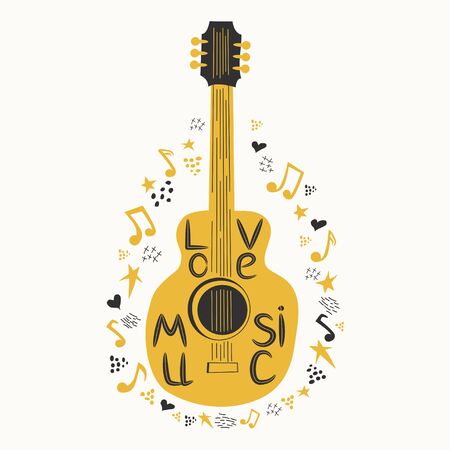 Acoustic guitar surrounded by notes, the inscription Love Music. Country Cowboy Music Festival Creative Event Live Event Poster Concept.のイラスト素材
