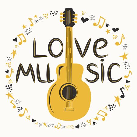 Acoustic guitar surrounded by notes, the inscription Love Music. Country Cowboy Music Festival Creative Event Live Event Poster Concept.のイラスト素材