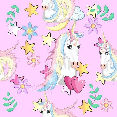 pattern with cute unicorns, clouds,rainbow and stars. Magic background with little unicornsのイラスト素材