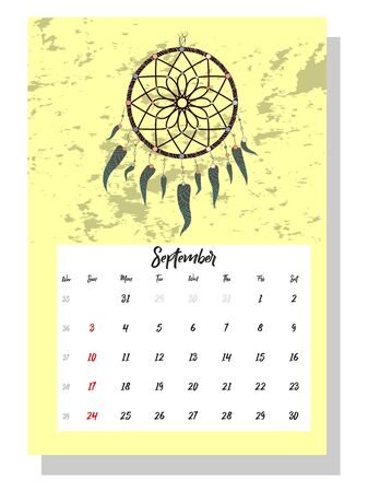Colorful cute monthly boho calendar 2021 with dream catchers, boho owls, arrows, feathers, inspirational inscriptionsのイラスト素材