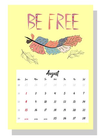 Colorful cute monthly boho calendar 2021 with dream catchers, boho owls, arrows, feathers, inspirational inscriptionsのイラスト素材