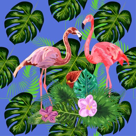 seamless floral summer pattern background with tropical palm leaves, flamingo, hibiscusのイラスト素材