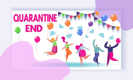 Concept of ending pandemic. People celebrate the end of quarantine, throw masks in the air. coronavirus epidemic covid-19. Banner. Ending quarantine. Quarantine canceled.のイラスト素材