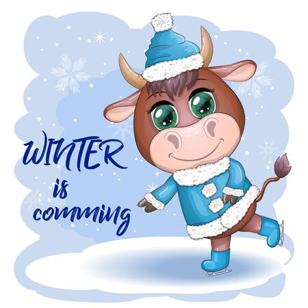 Cow on skates flat vector animal, lovely cow skating, brown cow making winter sport, outdoor winter activity, human like cow skating.のイラスト素材