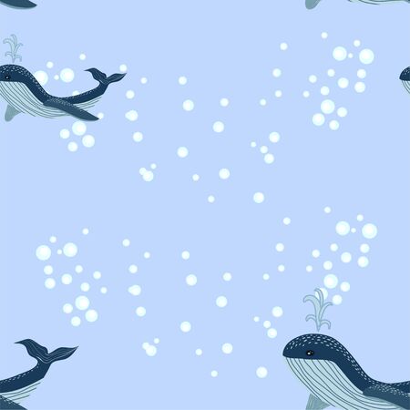 Seamless sea pattern with funny whales. Summer marina background.のイラスト素材
