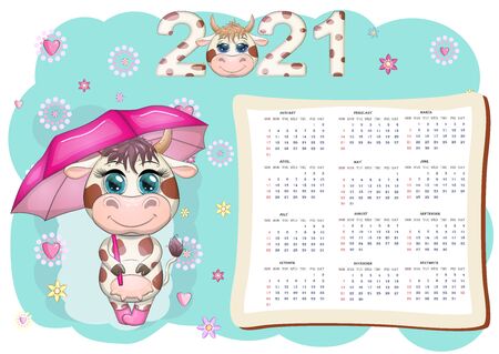 White ox calendar or planner cartoon bull, bull or cow, New Year character, cute characters.のイラスト素材