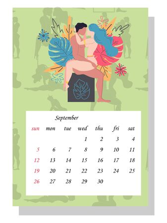 Kama Sutra poses. Concept calendar for 2021. Beautiful couples for every month of the year, silhouettes, relationships, family, people make love.のイラスト素材