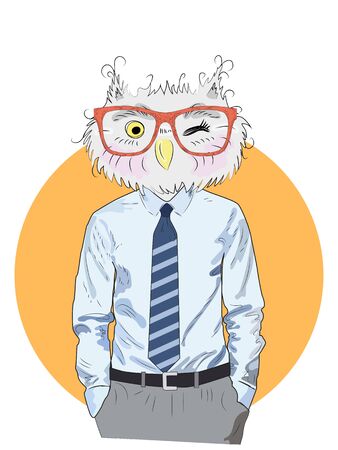 animal fashion illustration, anthropomorphic design, furry art, hand drawn illustration of an owl boy in a shirt and trousers, with a tie, businessmanのイラスト素材