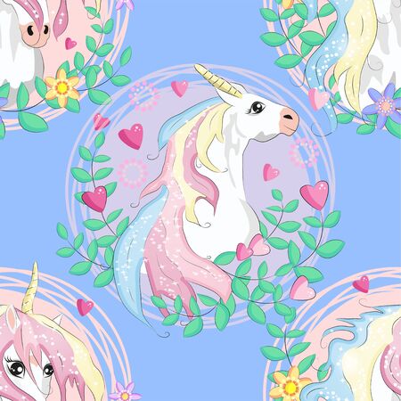 seamless pattern with cute unicorns, heart, clouds, rainbow and stars. Magic background with little unicorns.のイラスト素材