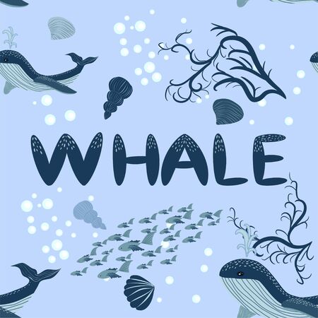 Seamless Pattern cute adorable ocean blue whale, fish, sea anchor, seaweed, wave, pastel colorful background illustration, hand draw doodle cartoonのイラスト素材