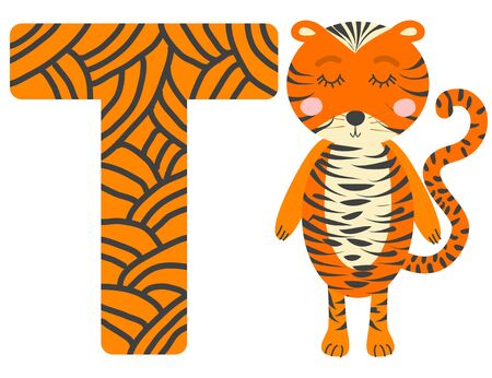 Cute animal alphabet for ABC book. illustration of cartoon . T letter for the Tiger.のイラスト素材