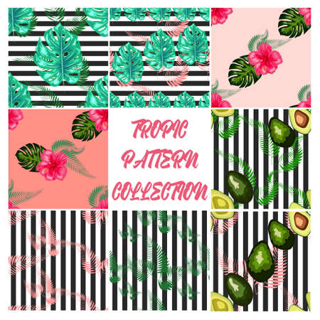 Set of 8 Tropical flower seamless pattern. Blossom flowers with trendy tropical leaves and avocado