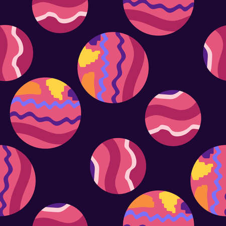 space pattern. Planets, rockets and stars. Cartoon spaceship. Childish background. Hand drawn illustration.のイラスト素材