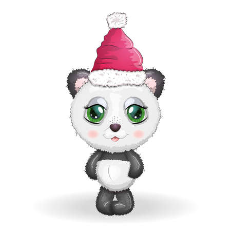 Cute cartoon panda bear with big eyes in a red Santa Claus hat. Greeting card, New Year and Christmasのイラスト素材