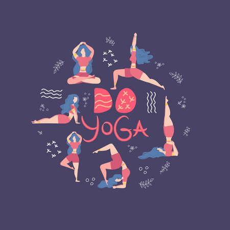 Do Yoga - inscription, quote about the yoga of life, lettering, phrase inscription, decorated with leaves and women in various yoga asanas.のイラスト素材