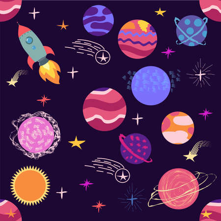 seamless pattern of planets, rockets and stars. Cartoon planet. Childish background. Hand drawn