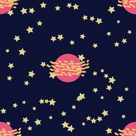 Seamless space pattern. Planets, rockets and stars. Cartoon spaceship icons. Hand drawn