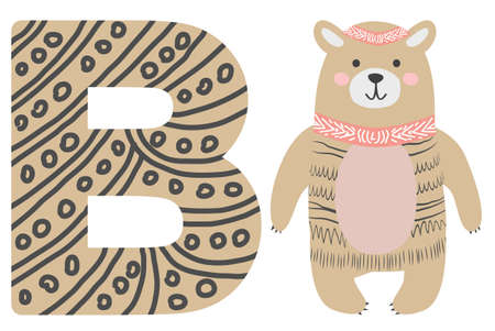 Cute animal alphabet. B letter. Cute cartoon Bear. Alphabet design in a colorful styleのイラスト素材