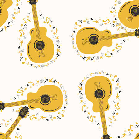Hand-drawn musical seamless pattern with country guitar, stars, notes, symbols, objects and elementsのイラスト素材