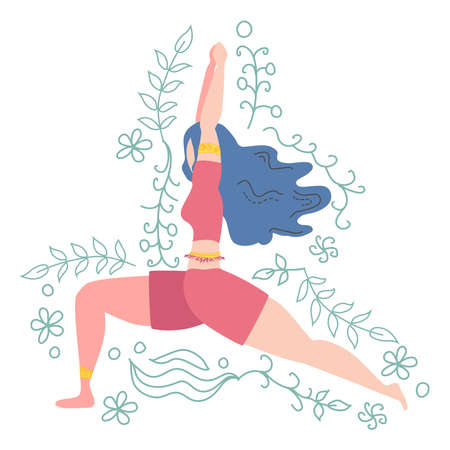 Woman in the pose of a warrior I Virabhadrasana I decorated with leaves and flowers. Yoga, concept of meditation, health benefits for the body, control of the mind and emotions.のイラスト素材