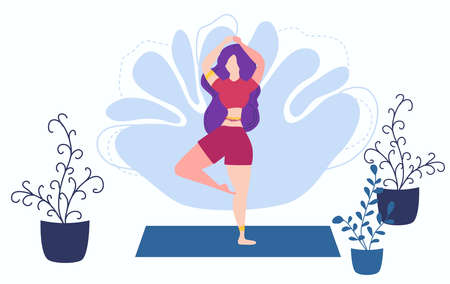 Girl at home in garden with plants growing in pots. Relaxed young woman enjoying rest. Girl meditates. flat cartoon style. Urban jungle. Meditation at Homeのイラスト素材