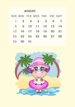 Calendar 2021. Cute cow for every month. Cute bull and cow for August.のイラスト素材