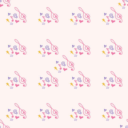 Cartoon cute hand drawn Musical seamless pattern. Colorful detailed. Bright colors backdrop with music symbols and itemsのイラスト素材