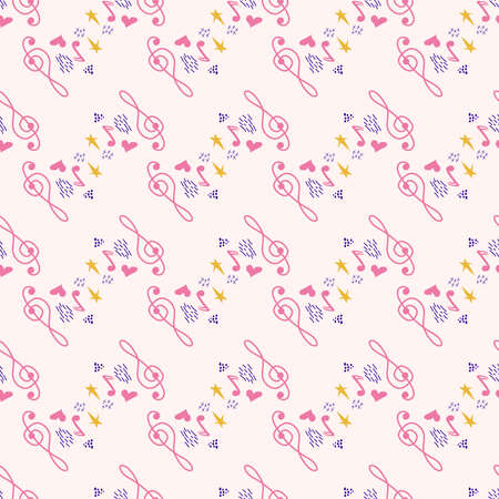 Cartoon cute hand drawn Musical seamless pattern. Colorful detailed. Bright colors backdrop with music symbols and itemsのイラスト素材