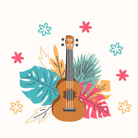 Ukulele and tropical leafs. four-string guitar hand drawn illustrationのイラスト素材