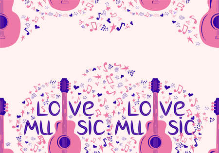 hand-drawn musical seamless pattern with the inscription Love music and country guitar, stars, notes, symbols, objects and elementsのイラスト素材