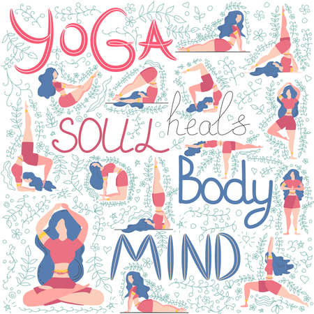 Set of 13 woman yoga poses on a background of leaves. group of yoga woman. Do yoga concept. Lettering text Yoga heals the soul, mind, body.のイラスト素材