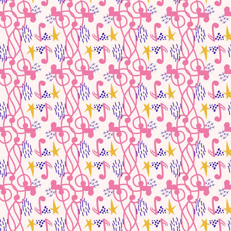Treble clef, notes, heart, stars, abstract elements seamless pattern in pink, blue pastel colors. Music backdrop.のイラスト素材