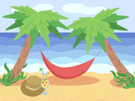 Beach chaise longue under palm tree. Summer vacation in tropics. Cartoonのイラスト素材