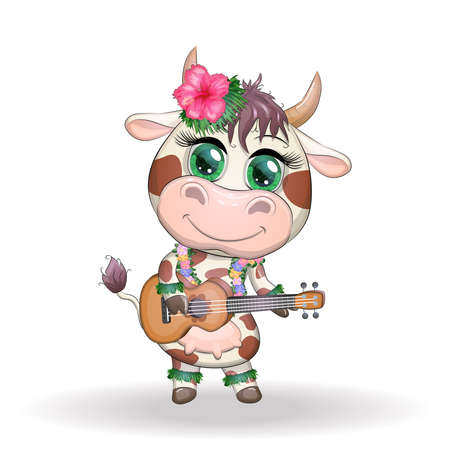 Cute cartoon bull, cow with beautiful eyes, Hawaiian hula dancer character with ukulele guitar among leaves, flowers. Tropical New Year Chinese cute bull mascot 2021のイラスト素材