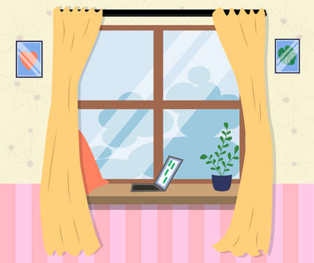Morning from the window icon in cartoon style. Laptop on the windowsill