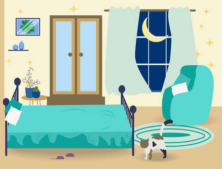 Bedroom with furniture and window. Wardrobe with clothes and mirror. Flat styleのイラスト素材