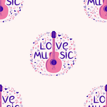 Love music seamless pattern with country guitar, music notes, treble clef, hearts, decorative elementsのイラスト素材
