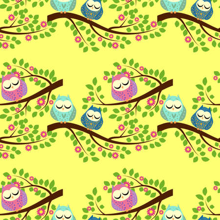 Cute colorful floral seamless pattern with owl and bird.のイラスト素材